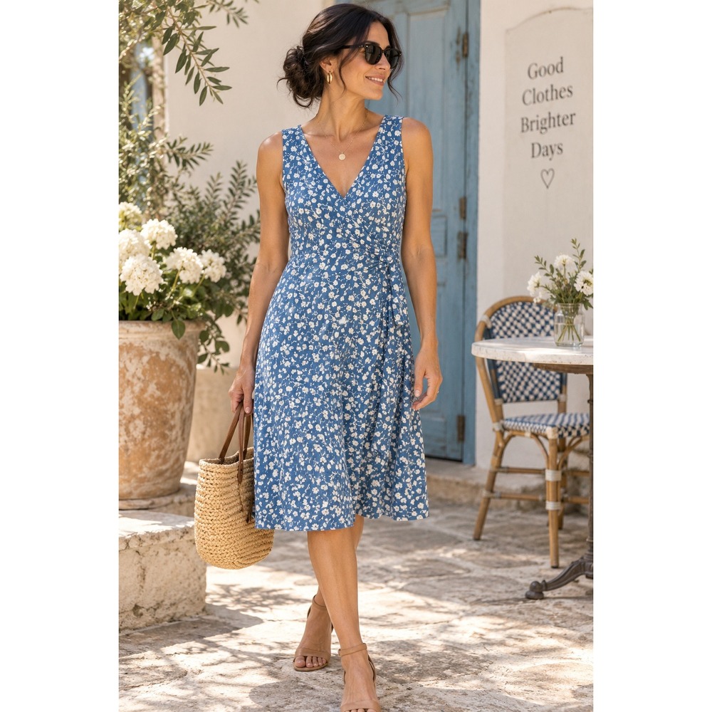 Kaileigh Blue White Floral Faux Wrap Sleeveless Dress Large